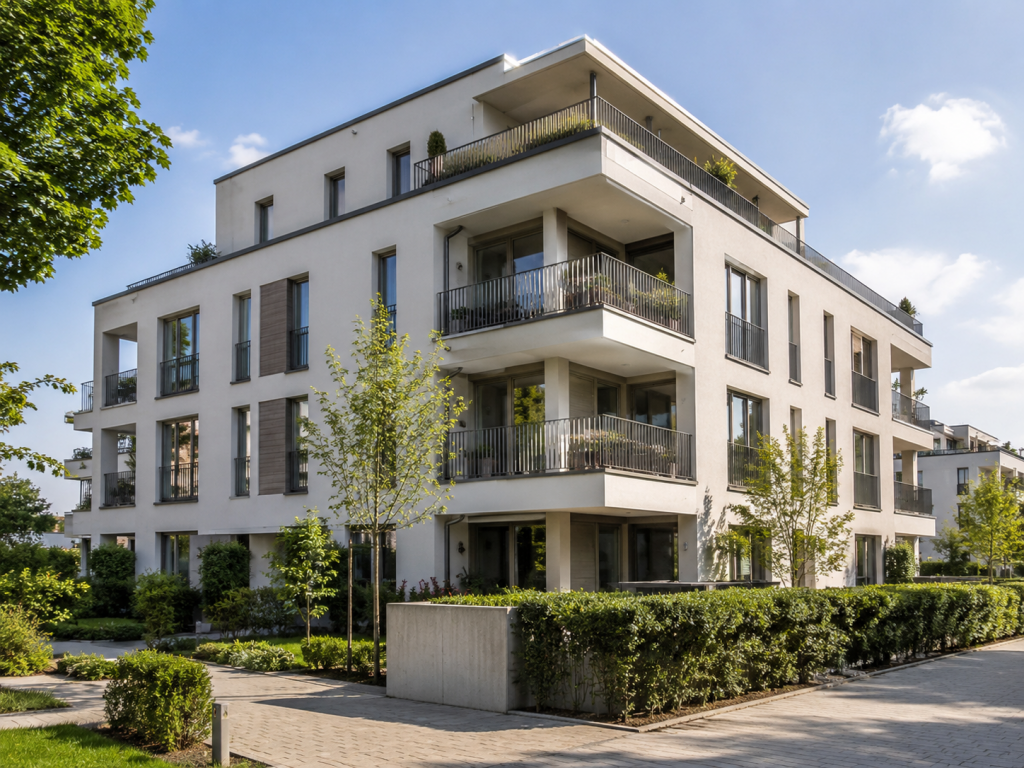 Modernes Mehrfamilienhaus als Beispiel für Immobilienbewertung und Verkehrswertermittlung von Wohnimmobilien